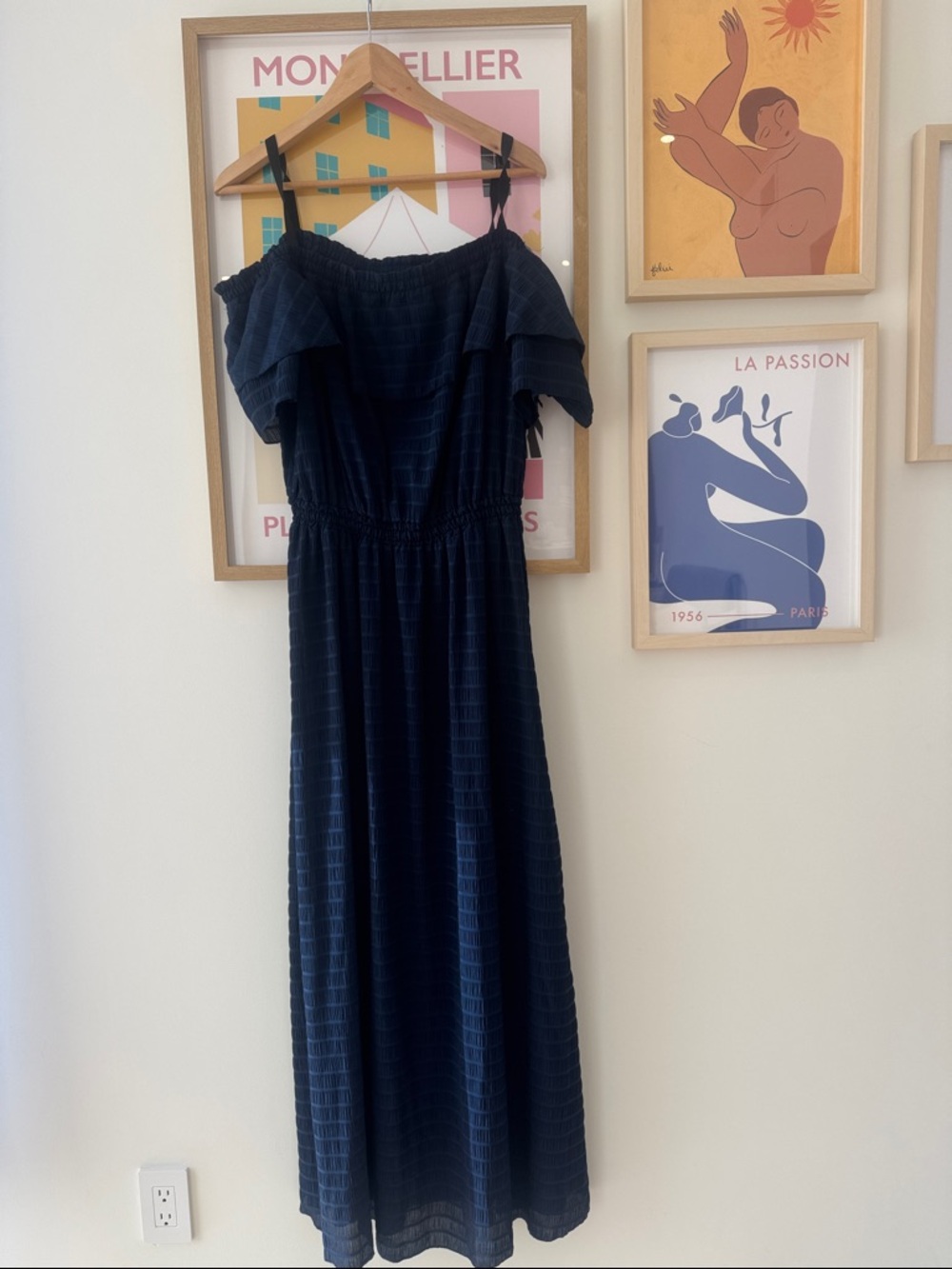Navy Off-Shoulder Maxi Dress with Ruffle Detail